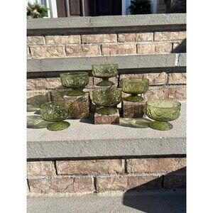 Anchor Hocking Green Milano Vintage Crinkle Glass Sherbet Dishes
